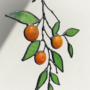 Green Suncatcher Mandarin. Leaf tangerine. Stained Glass Branch Home House Decor. Window Wall Art, Mother's Day gift