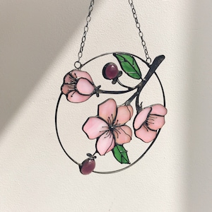 Sakura Flower Suncatcher. Stained glass Home Decor Panel Pendant Garden Window Wall Hangings. Mothers gift.