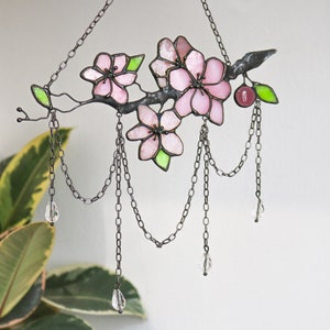 Suncatcher cherry blossom pink Stained glass art sakura Patio decor Gifts for friends wife mom Sun catcher Garden decor Glass flowers