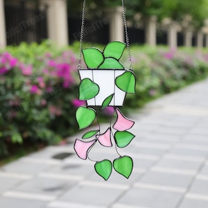 Plant suncatcher，Hanging window stained glass art,Green Leaf Stained Glass Art, Home decor,Hanging PlantsArt,Garden Decor,Gift,Gift for Mom