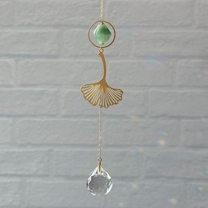 Gold Ginkgo Leaf Suncatcher with Green Aventurine Crystal Gemstone and Glass Crystal Rainbow Maker Prism