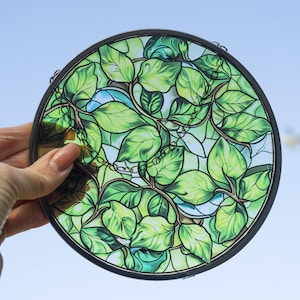Green Leaves Suncatcher Stained Glass, Greenery Decor, Leaves Glass Art, Window Hang Plant, Handcmade Glass Decor, Nature Inspired Glass