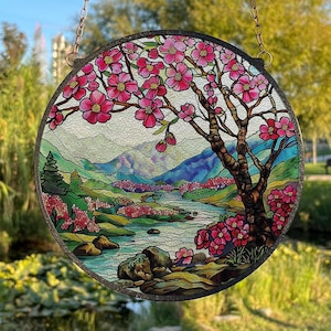 Cherry blossom Painted Stained Glass Suncatcher, Window Hanging Decor, Outdoor Sun Catcher Decor, Japandi Wall Decor