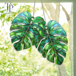 Monstera Leaves Suncatcher, Monstera Plant Suncatcher Stained Glass Acrylic Window Hanging, Gift For Gardener, Home Decoration, Garden Decor