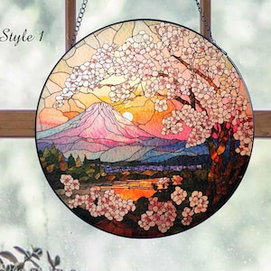 Cherry Blossom Stained Glass Suncatcher, Cherry Blossom and Mountain Window Hanging Decor, Sakura Flower Glass, Cherry Blossom Lover Gift