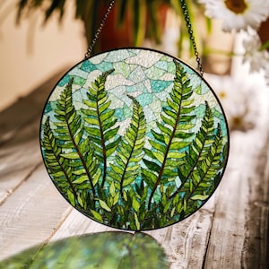Green Fern Leaves Stained Glass Round Suncatcher Nature Window Decor Gift for Nature Lovers