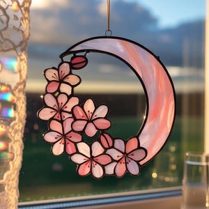 Cherry Blossom Moon Acrylic Suncatcher, Sakura Flower Window Hanging, Crescent Flower Sun Catcher, Faux Stained Glass Spring Decor