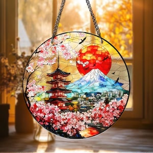 Japanese Stained Glass Suncatcher with Mount Fuji, Cherry Blossoms and Pagoda – Round Hanging Window Panel, Oriental home Decor Gift