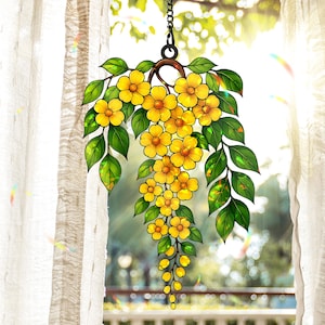 Glass Hologram Acrylic Cascading Yellow Flower Suncatcher,Faux Stained Glass Window Hanging with Green Leaves, Sunny Garden Lover GHA715GCM0