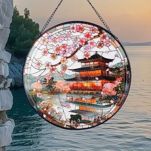 Japanese Temple Glass Suncatcher, Cherry Blossom Window Hanging,  Nature Art Home Decor, Gift for Friend, Japanese Suncatcher Ornament