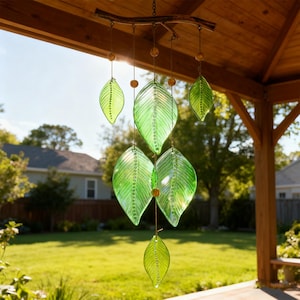 Leaves Stained Glass Wind Chime Suncatcher: Memorial Garden Decor