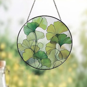Green Ginkgo Leaf Stained Glass Suncatcher - Botanical Window Hanging