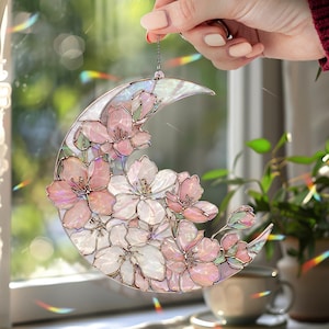 Crescent Moon Cherry Blossom Acrylic Suncatcher, Stained Glass Style Pink Floral Window Hanging, Spring Flower Home Decor Gift
