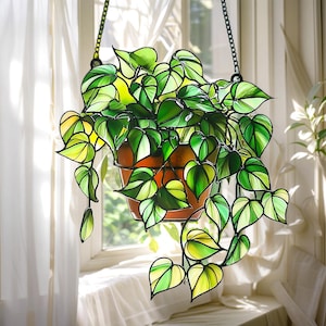 Hanging Plant Faux Stained Glass Acrylic Suncatcher Green Leaf Window Hanging Boho Home Decor Gift For Plant Lovers