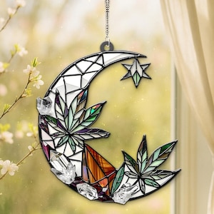 Crescent Moon Cannabis Leaf Acrylic Suncatcher, Faux Stained Glass Window Hanging, 420 Boho Stoner Decor, Weed-Themed Gift for Fre