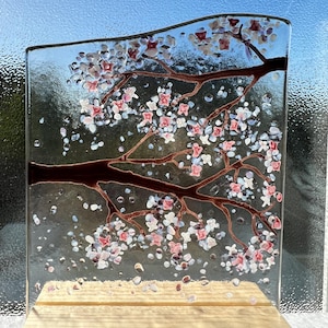 Cherry Blossom Fused Glass Suncatcher | Cherry Tree Branches Ornament in Redwood Pine Stand | Floral Botanical Art