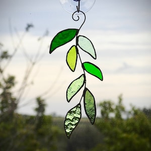 Real Stained Glass Sun Catcher, Botanical Leaf Branch/Vine. Shades of Green. Handmade Tiffany Style.